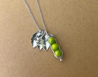 Three peas in a pod necklace with initial leaves, 3 peas in a pod, Peas in a pod necklace, pea pod necklace, Best friends necklace