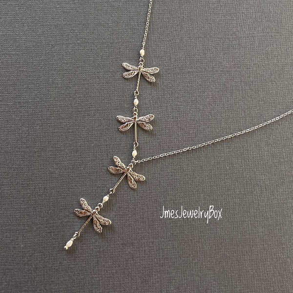 Silver dragonfly necklace with tiny freshwater pearls, Dragonfly quartet necklace, Four silver dragonflies, Silver dragonfly necklace