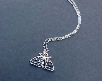 Silver and black moth necklace, Silver moth necklace, Halloween necklace, Butterfly necklace, Gothic necklace, Moon phase necklace