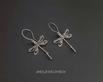 Silver dragonfly earrings with amethyst, Big dragonfly earrings, Insect earrings, Silver insect jewelry, Amethyst earrings