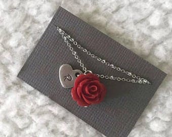 Red rose and initial heart double chain bracelet, Silver double chain bracelet, Personalized initial bracelet, Red rose and heart bracelet