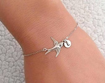 Silver sparrow bracelet with initial, Silver dove bracelet, Silver bird bracelet, Flying sparrow bracelet, Little silver bird bracelet