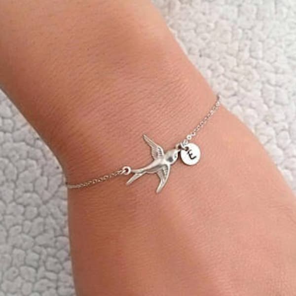 Silver sparrow bracelet with initial, Silver dove bracelet, Silver bird bracelet, Flying sparrow bracelet, Little silver bird bracelet