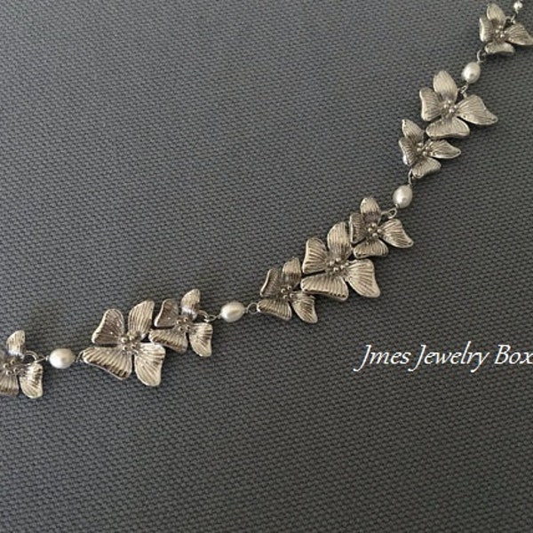 Silver orchid bracelet with freshwater pearls, Cascading orchid bracelet, Silver flower bracelet, Orchid and pearl bracelet, Flower bracelet