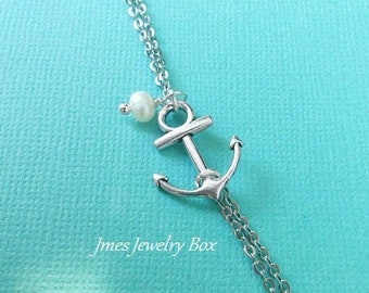 Silver anchor bracelet with freshwater pearl, Double chain anchor bracelet, Silver anchor jewelry, Little anchor bracelet, Anchor jewelry