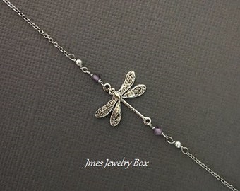 Silver dragonfly bracelet with amethyst beads, Little dragonfly bracelet, Silver dragonfly jewelry, Insect jewelry