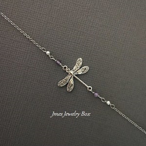 Pulsera de libélula de plata con cuentas de amatista, Pulsera de libélula pequeña, Joyas de libélula de plata, Joyas de insectos