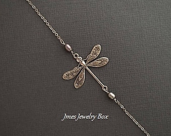 Silver dragonfly bracelet with freshwater pearls, Silver dragonfly jewelry, Silver dragonfly bracelet, Silver insect bracelet