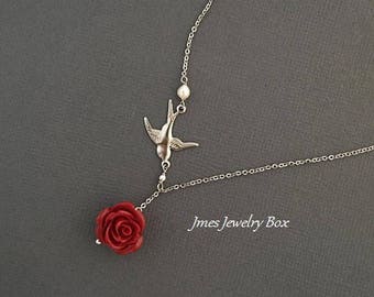 Silver sparrow and red rose lariat style necklace, Silver bird necklace, Dark red rose necklace, Red rose and bird lariat necklace