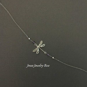 Silver dragonfly anklet with tiny amethyst beads, Little dragonfly anklet, Insect anklet, Dragonfly jewelry