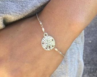 Silver sand dollar bracelet with tiny freshwater pearls, Sand dollar bracelet, Sand dollar jewelry, Sea biscuit bracelet, Silver sea biscuit