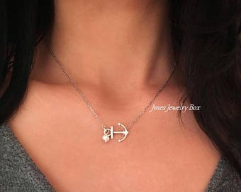 Silver anchor necklace with freshwater pearl, Sideways anchor necklace, Little anchor necklace, Off centered anchor necklace, Silver anchor