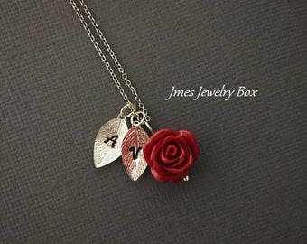 Red rose necklace with initial leaf, Red rose necklace, Silver initial necklace, Beauty and the beast necklace, Bridesmaids necklace