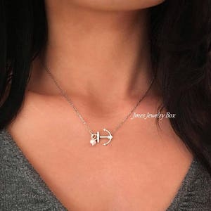 Silver anchor necklace with freshwater pearl, Sideways anchor necklace, Little anchor necklace, Off centered anchor necklace, Silver anchor