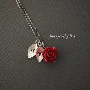 Red rose necklace with initial leaf, Red rose necklace, Silver initial necklace, Beauty and the beast necklace, Bridesmaids necklace