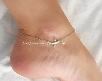 Silver flying bird anklet, Silver sparrow anklet, Silver dove anklet