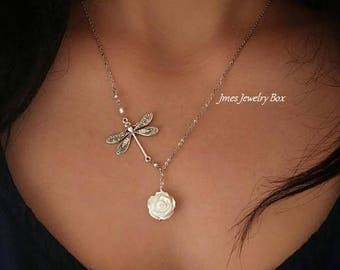 Silver dragonfly lariat necklace with white shell rose, Silver rose necklace, White rose necklace, Silver dragonfly necklace, White flower