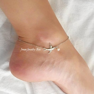 Silver flying bird anklet, Silver sparrow anklet, Silver dove anklet image 1