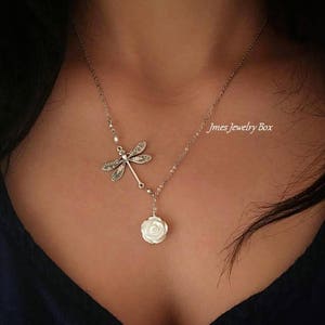 Silver dragonfly lariat necklace with white shell rose, Silver rose necklace, White rose necklace, Silver dragonfly necklace, White flower