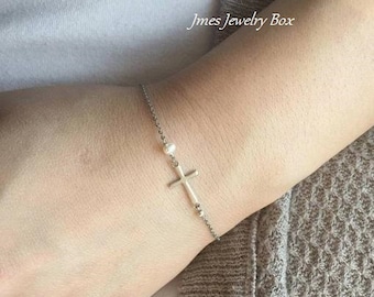 Dainty silver sideways cross bracelet with tiny freshwater pearl, Little cross bracelet, Tiny cross bracelet, Little silver cross bracelet