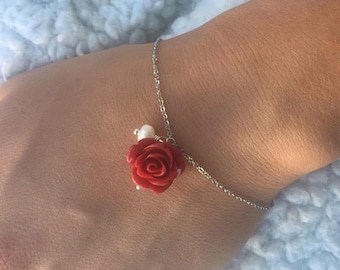 Red rose bracelet with little cream freshwater pearl, Red rose bracelet silver, little rose bracelet, beauty and the beast bracelet