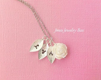 White shell rose necklace with initial leaves, White rose necklace, Rose branch necklace, White rose and initial necklace, Shell necklace
