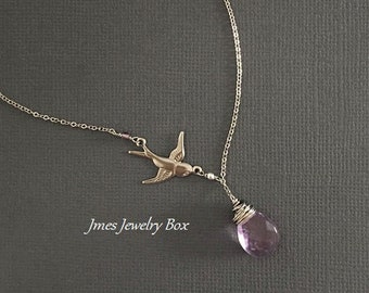 Silver sparrow necklace with Ametrine drop, Ametrine necklace, Silver dove necklace, Silver bird necklace, Amethyst lariat necklace