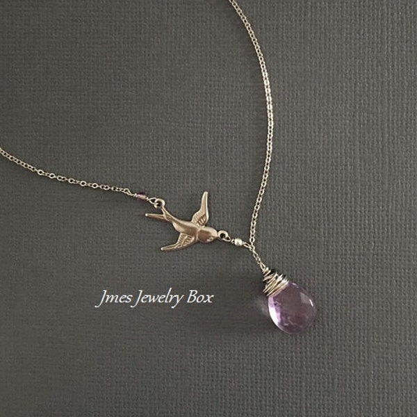 Silver sparrow necklace with Ametrine drop, Ametrine necklace, Silver dove necklace, Silver bird necklace, Amethyst lariat necklace