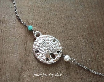 Silver sand dollar bracelet  with amazonite and freshwater pearl, Little sand dollar bracelet, Silver sand dollar bracelet, Beach jewelry
