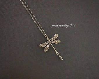 Silver dragonfly necklace with little grey pearl, Dragonfly pendant, Silver dragonfly jewelry, Insect jewelry, Bug jewelry, Insect necklace