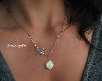 Silver sparrow lariat with mother of pearl rose, Flying sparrow necklace, White rose necklace, Shell rose necklace, Silver sparrow lariat