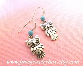 Boucles d’oreilles hibou argenté avec turquoise, Boucles d’oreilles Little owl, Boucles d’oreilles Silver bird, Boucles d’oreilles Turquoise, Boucles d’oreilles Little Silver Owl, Bijoux Owl