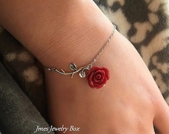 Silver Branch and Red Rose Bracelet Rose Branch Bracelet Red Rose Bracelet Tiny Silver Branch Bracelet Beauty and the Beast Bracelet Etsy