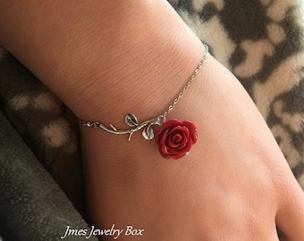 Silver branch and red rose bracelet, Rose branch bracelet, Red rose bracelet, Tiny silver branch bracelet, Beauty and the beast bracelet