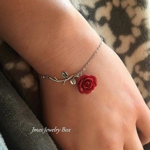 Silver branch and red rose bracelet, Rose branch bracelet, Red rose bracelet, Tiny silver branch bracelet, Beauty and the beast bracelet