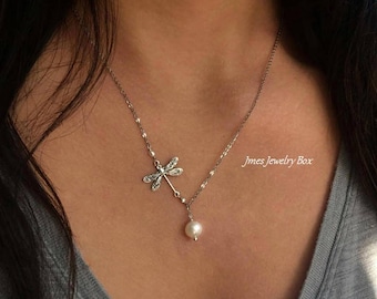 Silver dragonfly necklace with cream freshwater pearls, Lariat style necklace, Silver dragonfly necklace, Silver dragonfly jewelry