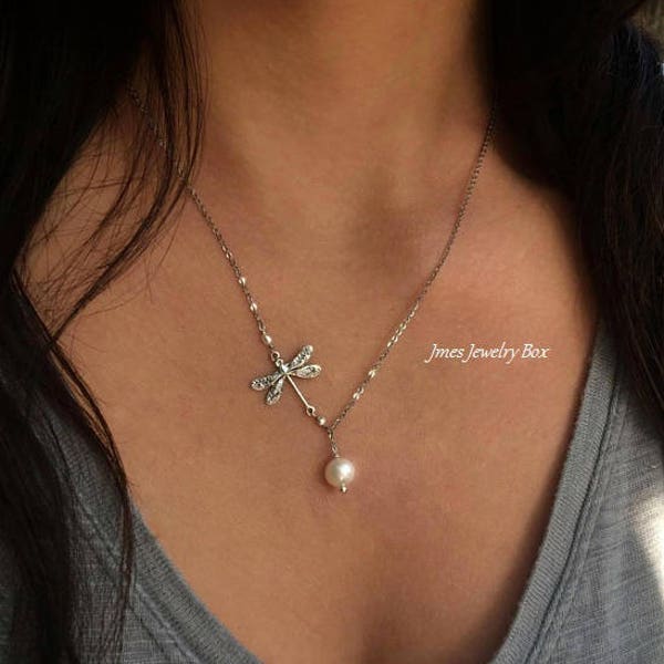Silver dragonfly necklace with cream freshwater pearls, Lariat style necklace, Silver dragonfly necklace, Silver dragonfly jewelry