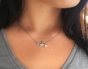 Silver sparrow necklace with freshwater pearl, Silver bird necklace, Dove necklace, Flying bird necklace, Silver bird jewelry,