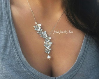 Silver cascading orchid necklace with freshwater pearls, Silver flower necklace, Falling orchid necklace, Bridesmaids necklace