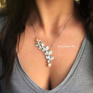 Silver cascading flower necklace with peach freshwater pearls, Orchid necklace with pearls, Silver flower necklace