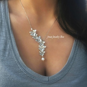 Silver cascading orchid necklace with freshwater pearls, Silver flower necklace, Falling orchid necklace, Bridesmaids necklace