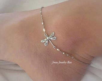 Silver dragonfly anklet (Adjustable), Silver dragonfly jewelry, Little silver dragonfly anklet, Silver dragonfly anklets