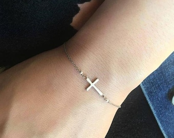 Little silver cross bracelet, Tiny silver cross bracelet, Sideways cross bracelet, Christian jewelry, Dainty cross bracelet