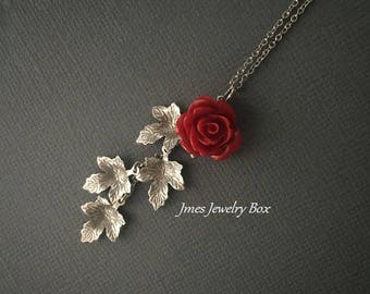 Red rose necklace with cascading silver leaves, Rose branch necklace, Red rose necklace, Red rose dangle necklace, Beauty and the beast