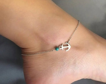 Silver anchor anklet with turquoise, Anchor anklet, Anchor ankle bracelet, Silver anchor anklets, Silver anchor anklet, Dainty anchor anklet