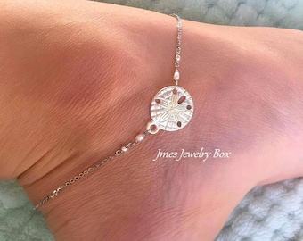 Silver sand dollar anklet with tiny freshwater pearls, Dainty sand dollar anklet, Little silver sand dollar anklet