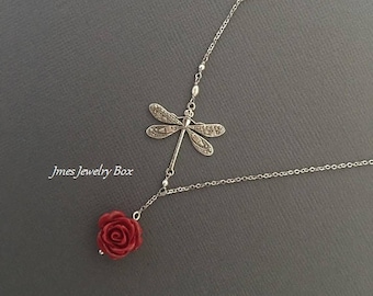 Silver dragonfly and red rose lariat necklace, Silver dragonfly necklace, Red rose necklace, Rose lariat necklace, Dragonfly lariat necklace