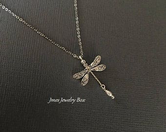 Silver dragonfly necklace with tiny freshwater pearl, Silver insect necklace, Little dragonfly necklace, Silver stacking necklace