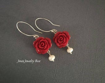 Red rose earrings with cream freshwater pearls, Rose earrings, Red flower earrings, Beauty and the beast jewelry