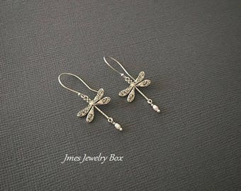 Silver dragonfly earrings with tiny freshwater pearls